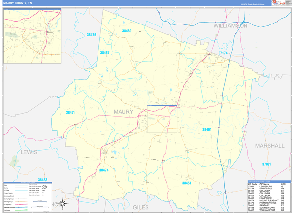 Maury County, TN Zip Code Wall Map
