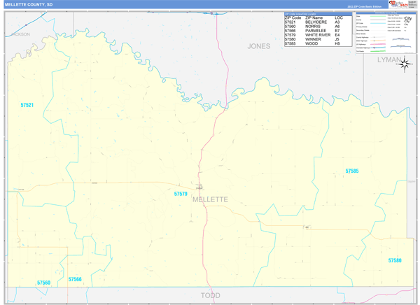 Mellette County, SD Wall Map Basic Style