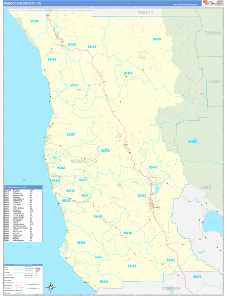 Mendocino County, CA Wall Map Basic Style