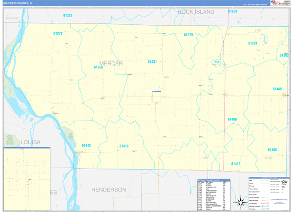 Mercer County, IL Wall Map Basic Style