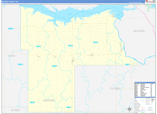Mercer County, ND Zip Code Wall Map
