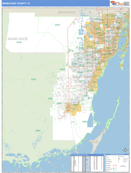Miami-Dade County, FL Zip Code Wall Map Basic Style by MarketMAPS