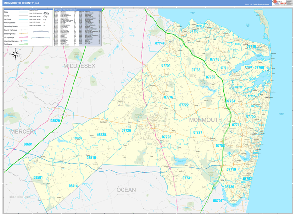 Monmouth County, NJ Zip Code Wall Map
