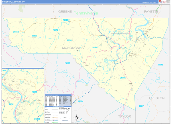 Monongalia County, WV Carrier Route Wall Map