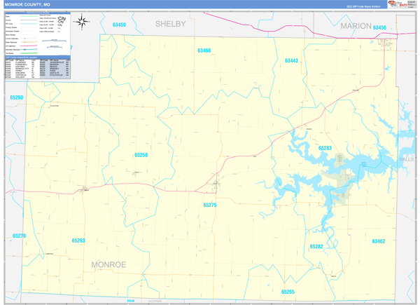 Monroe County, MO Zip Code Wall Map