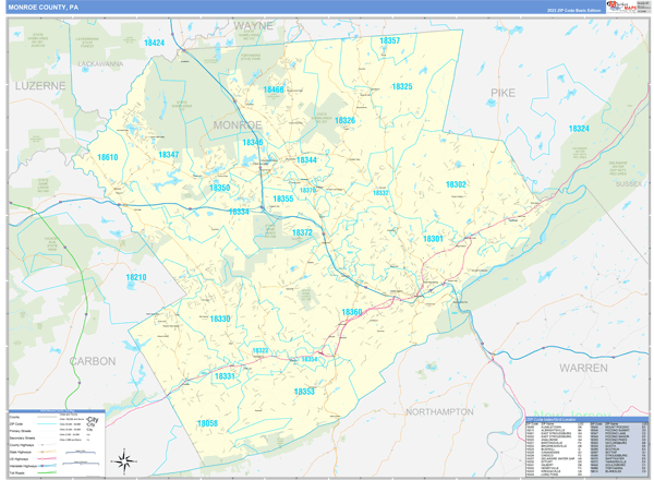 monroe-county-pa-zip-code-wall-map-basic-style-by-marketmaps-mapsales
