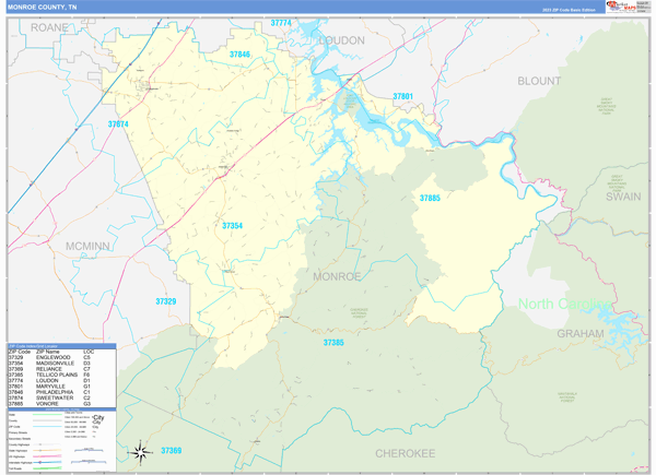 Monroe County, TN Zip Code Wall Map