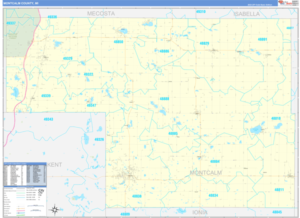 Montcalm County, MI Zip Code Wall Map