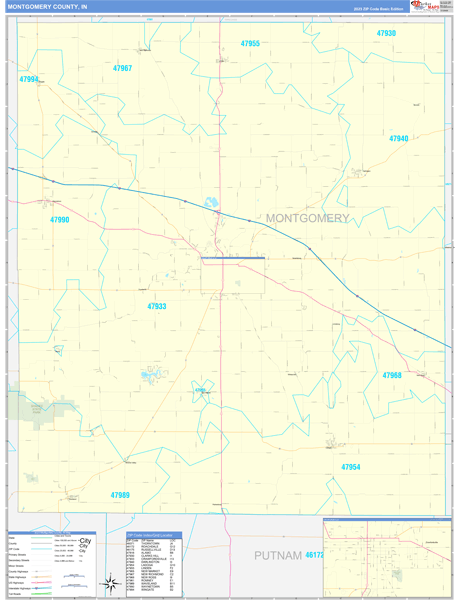 Montgomery County, IN Zip Code Wall Map
