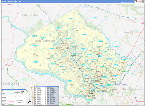 Montgomery County Md Zip Code Wall Map Basic Style By Marketmaps