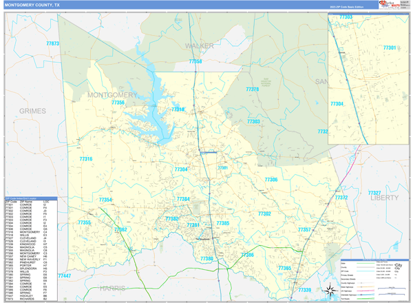 Montgomery County Texas Zip Code Map Montgomery County, TX Zip Code Wall Map Basic Style by MarketMAPS
