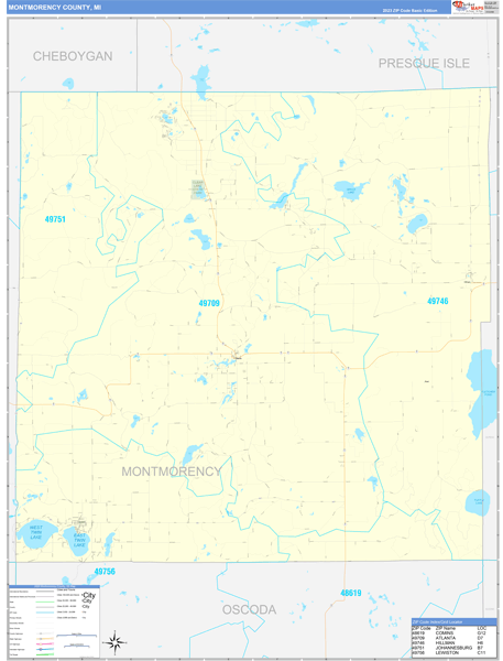 Montmorency County, MI Zip Code Wall Map