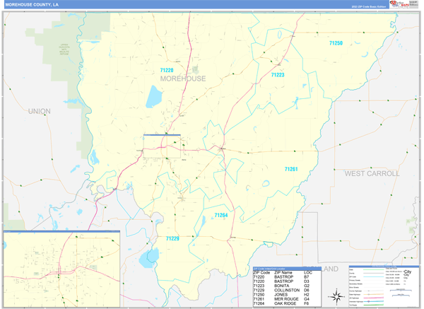 Morehouse Parish (County), LA Zip Code Wall Map