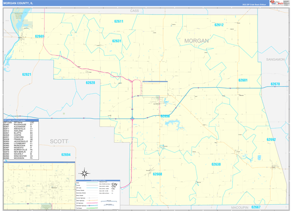 Morgan County, IL Zip Code Wall Map