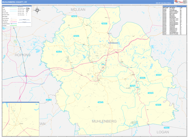 Muhlenberg County, KY Zip Code Wall Map