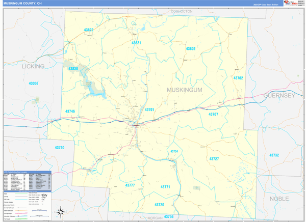 Muskingum County, OH Zip Code Wall Map