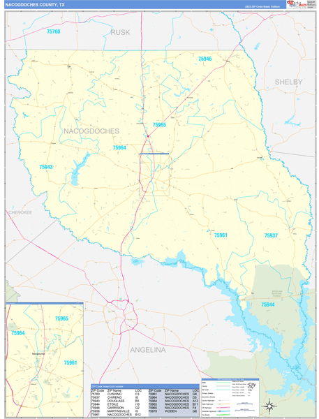 Nacogdoches County, TX Zip Code Wall Map