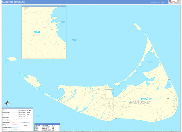 Nantucket County, MA Zip Code Wall Map