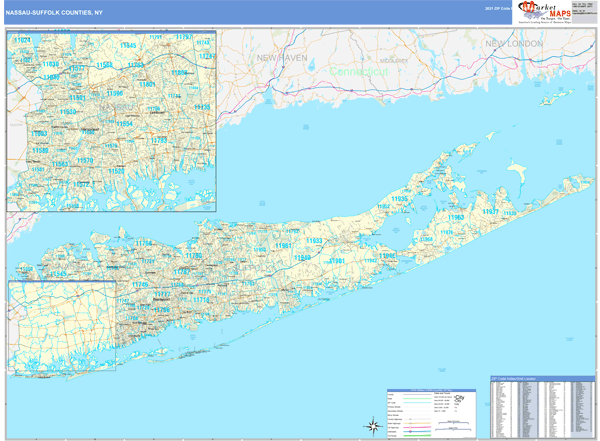 Nassau-Suffolk Counties, NY Zip Code Wall Map