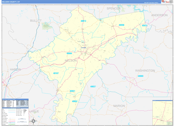 Nelson County, KY Zip Code Wall Map