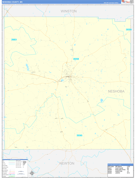 Neshoba County, MS Wall Map Basic Style