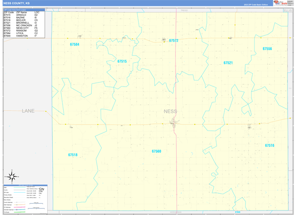Ness County, KS Wall Map Basic Style