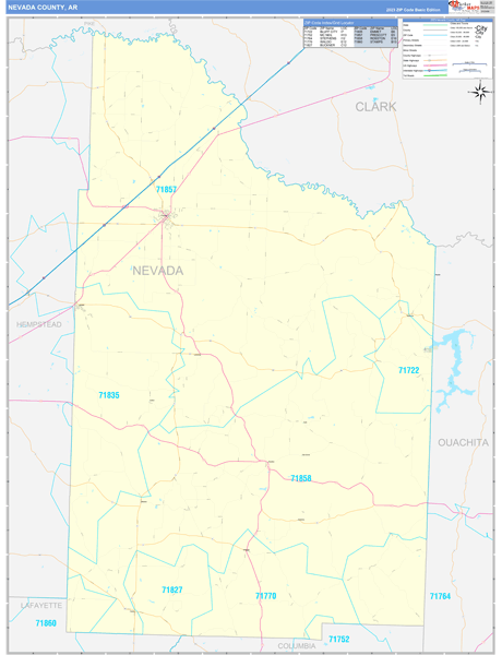Nevada County, AR Zip Code Wall Map
