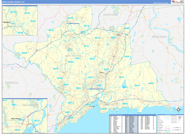 New Haven County, CT Zip Code Wall Map Basic Style by MarketMAPS