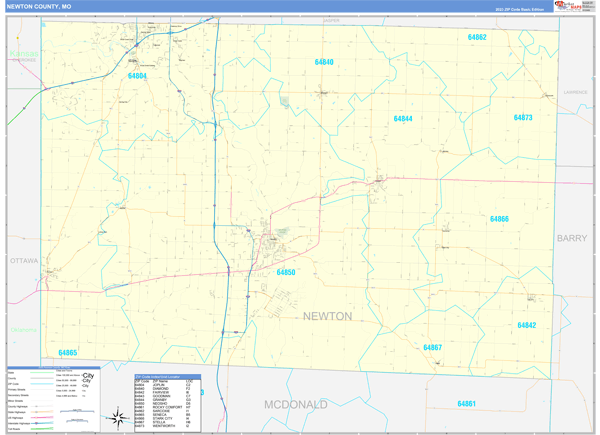 Newton County, MO Zip Code Wall Map Basic Style by MarketMAPS - MapSales