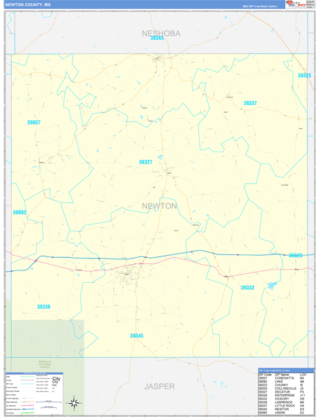 Newton County, MS Zip Code Wall Map Basic Style by MarketMAPS - MapSales