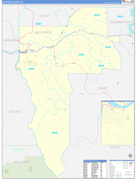 Nez Perce County, ID Zip Code Wall Map Basic Style by MarketMAPS - MapSales