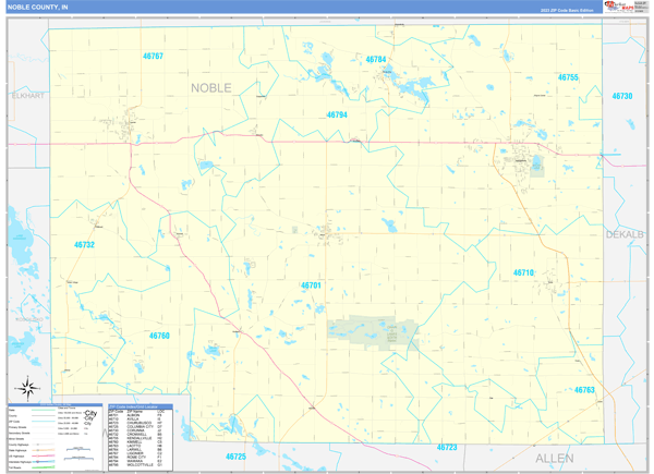 Noble County, IN Zip Code Wall Map