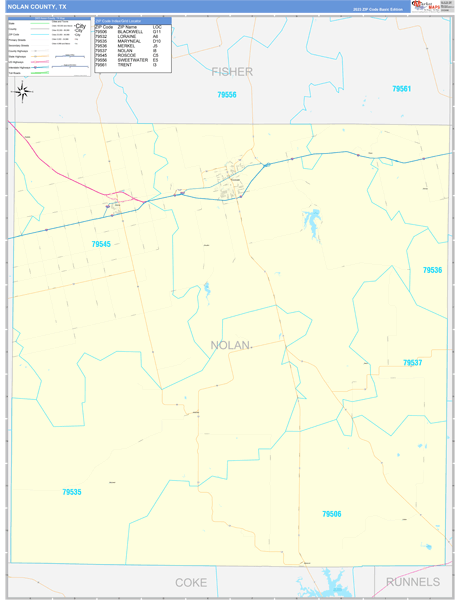 Nolan County, TX Carrier Route Wall Map