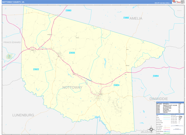 Nottoway County, VA Zip Code Wall Map