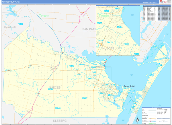 Nueces County, TX Zip Code Wall Map