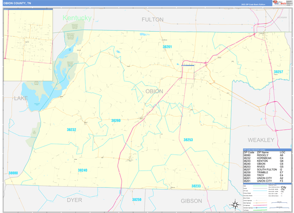 Obion County, TN Zip Code Wall Map