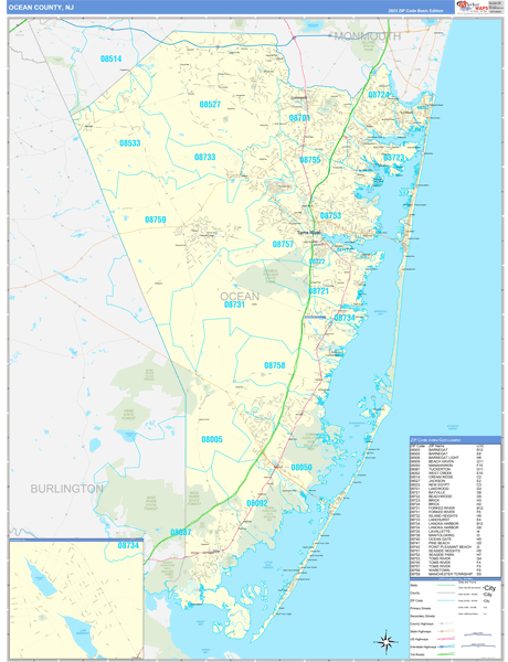 Ocean County, NJ Zip Code Wall Map