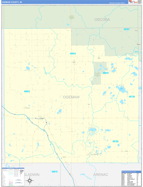 Ogemaw County, MI Zip Code Wall Map