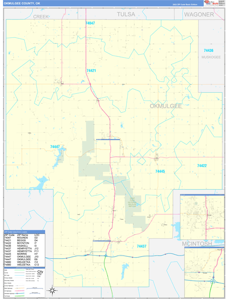 Okmulgee County, OK Zip Code Wall Map