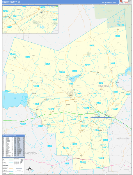 Oneida County, NY Zip Code Wall Map Basic Style by MarketMAPS - MapSales