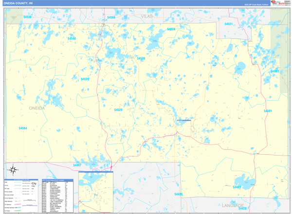 Oneida County, WI Zip Code Wall Map Basic Style by MarketMAPS - MapSales