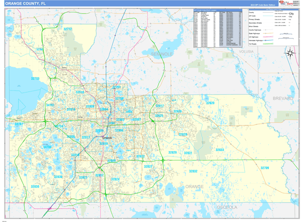 Orange County, FL Wall Map Basic Style