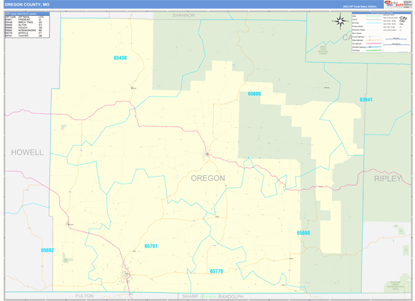 Oregon County, MO Wall Map Basic Style