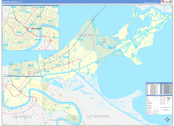 Orleans Parish (County), LA Zip Code Wall Map