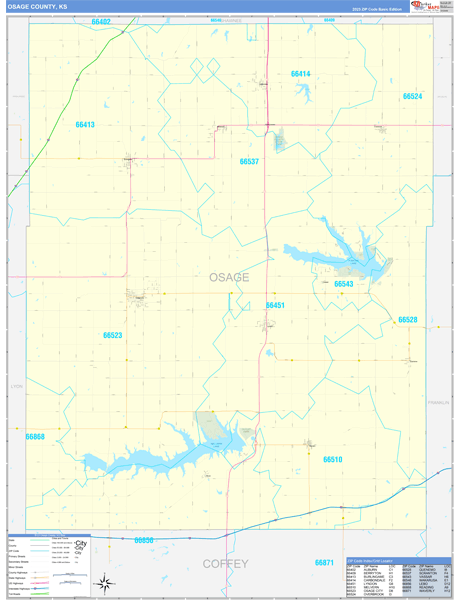 Osage County, KS Zip Code Wall Map