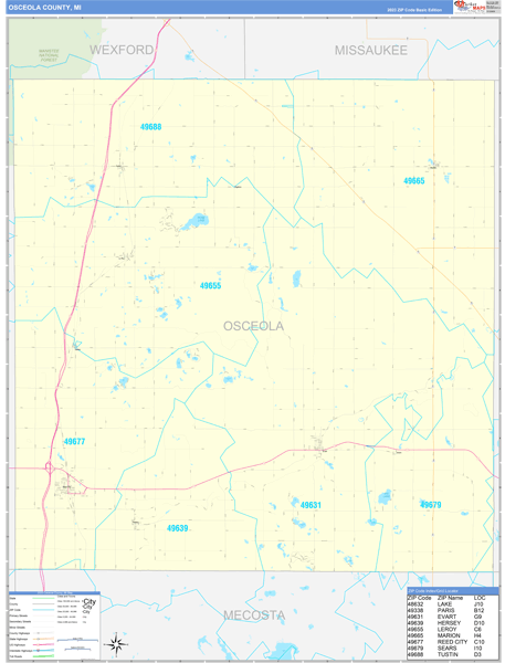 Osceola County, MI Wall Map Basic Style