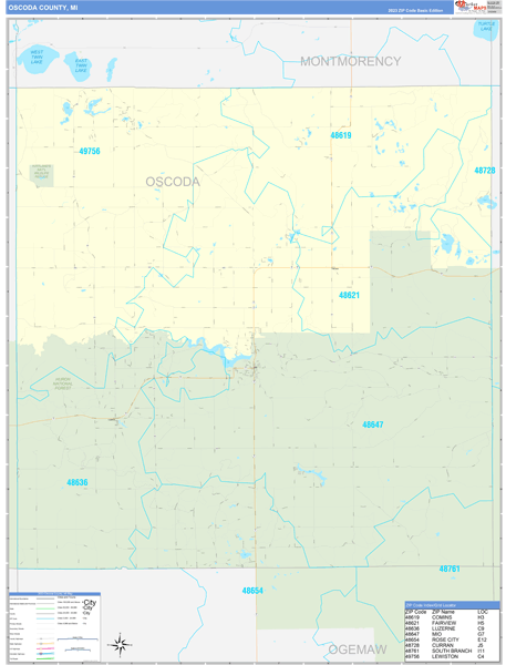 Oscoda County, MI Wall Map Basic Style