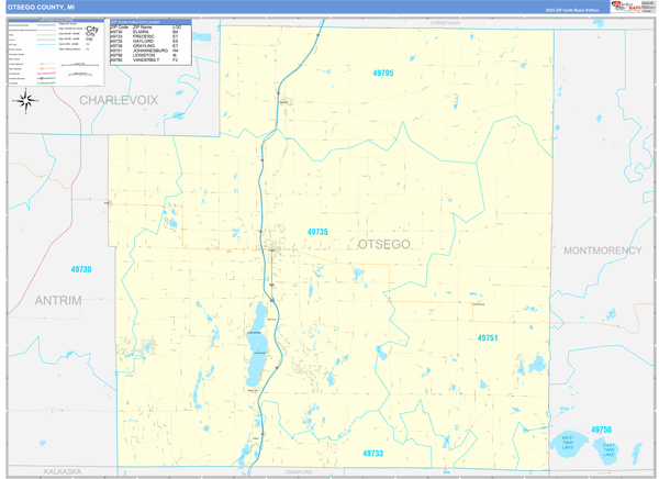 Otsego County, MI Carrier Route Wall Map