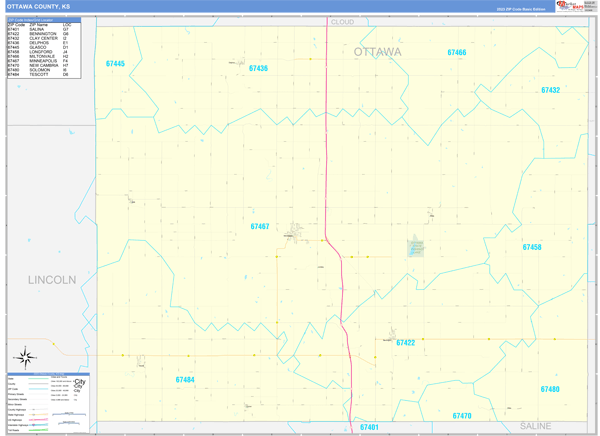 Ottawa County, KS Wall Map Basic Style