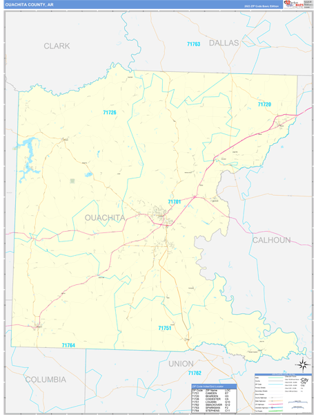 Ouachita County, AR Zip Code Wall Map
